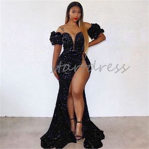 Luxe Zwarte Pailletten Afrikaanse Avondjurk 2024 Plus Size Zeemeermin Galajurk Voor Zwarte Meisjes Hoge Split Formele Gelegenheid Dansjurk korte Mouw Ogstuff Vestidos De Gala