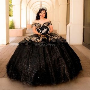 Luxo Black Mexican Quinceanera Dresses Charro 2024 Sparkly Golden Apliques Dieciséis Lentejuelas Vestidos De Xv 15 Anos Para Lace Up Feestjurken Sweet 16 Vestidos Cumpleaños