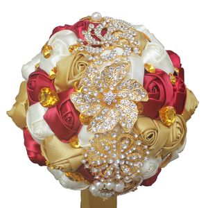 Luxry Artificial Wedding Bouquets Handmade Ribbon Red Ivory Roses Flowers Gold Crystal Bridal Wedding Bouquet Bridesmaid Wedding Accesories