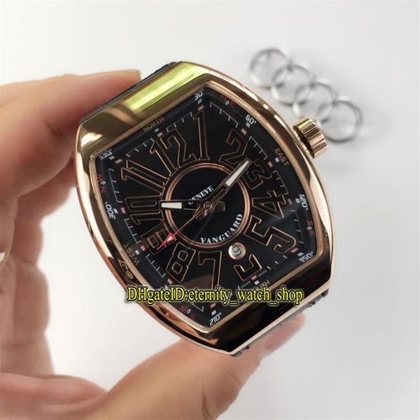 Luxry New Vanguard V45 SC DT Fecha Dial negro Reloj mecánico automático para hombre Bisel de oro rosa Correa de cuero relojes deportivos para caballero 01293n