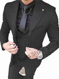 Luxuly Traje de boda negro para hombres Custom Peak Lapel Slim Fit Novio Esmoquin Prom 3 piezas Conjuntos Busin Male Blazer Traje Homme h3rW #