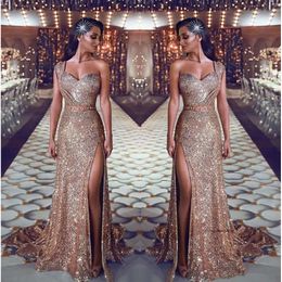 Luxe 2019 Arabische Split Bling Evening One Shoulder kristallen pailletten PROM -jurken Sparkly Formal Party Jurken M56 0510