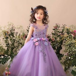 Luxueuse robes de fille de fleurs florales 3D robe de bal Crystaux de cou transparent organza lilttle kid anniversaire wef girls concours de filles