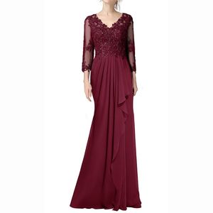 Luxe een lijn moeder van de bruid jurk 2024 Elegante juweel vloer lengte chiffon kanten bruidegom feestjurken lange mouwen plees appliques prinses robe de soiree