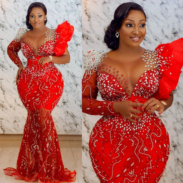 Lujosos vestidos de fiesta africanos árabes Aso Ebi Cuello transparente rojo Mangas largas Encaje Sirena Ilusión Vestido formal de noche para mujeres negras Vestidos de fiesta de cumpleaños Gala AM317