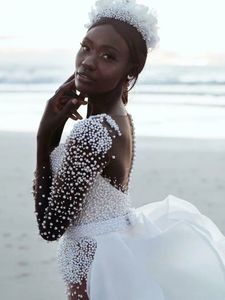 Robe de mariée sirène africaine de luxe, avec perles lourdes, transparente, jupe multicouche, manches longues, robes de mariée, 2024