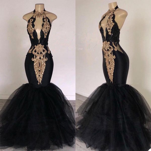 Appliques de luxe perlées robes de soirée 2021 noir brillant sans manches col en V profond sirène Slim Fit robes de bal Vestidos