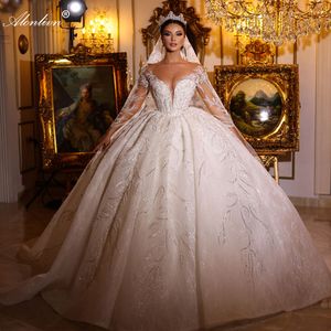 Applications luxueuses Lace Illusion Neck Full Full Ball Robe Robe de mariée Borderie Broderie de dentelle brillante Princess Bride avec dentelle multicouche