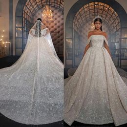 Luxe Arabische baljurk trouwjurk van de schouder kristallen bol jurk bruidsjurken lange trein prinses gewaad mariage