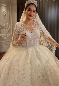 Luxe Arabische Dubai Trouwjurk 2024 Illusie Hals Lange Mouwen Kristallen Kralen Baljurk Bruidsjurk Vestido De Noivas Robe De Mariage Customed