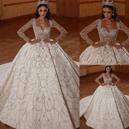 Robes de mariée luxueuses à paillettes arabes robe de bal avec longue traîne à manches longues en dentelle chérie robe de mariée sur mesure