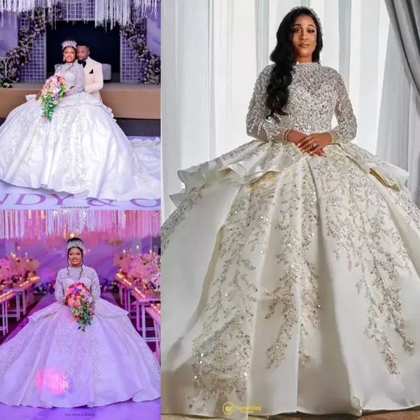 Lujoso estilo árabe Una línea Vestidos de novia Mangas largas Tren hinchado Princesa Lentejuelas brillantes Vestidos de fiesta nupciales Tallas grandes Robe De Marriage BC14746