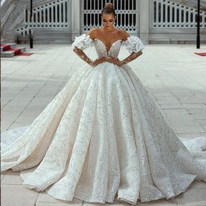 Luxueuse robe de mariée arabe 2024 avec manches enlever les paillettes de cou de cou de couches de couches gonflées