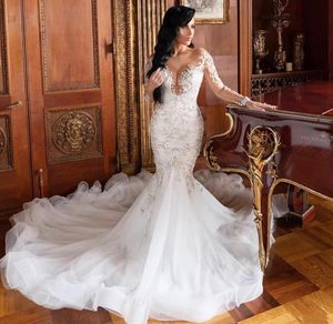 Luxueux arabe robe De mariée sirène perles pure cou manches longues cristal robes De mariée 2023 Vestidos De Noiva Mariee
