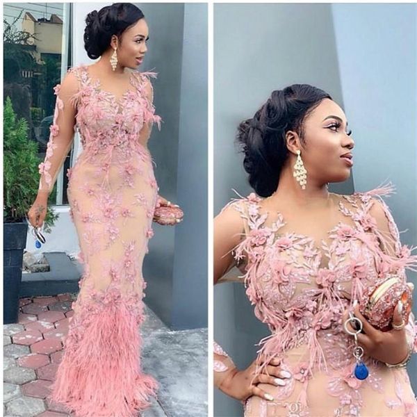 Luxueux Aso Ebi Arabe Sirène Robes De Soirée En Dentelle Perlée À Manches Longues Robe De Bal Plume Formelle Partie Deuxième Réception Robes293n