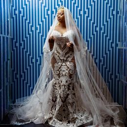Luxueux Aso Ebi Robes de mariée sirène pour la mariée, plus la taille Illusion Perles élégantes Tulle Mariage Fulllace Vintage Robes de mariée pour les femmes africaines du Nigeria NW104