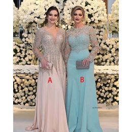 Luxurious Bead Crystal Sequins Mother of the Bride Vestidos de mangas largas V Neck Pink Plus Sall Tall Size Formal Gowns 0509