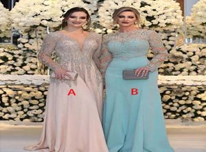 Luxe Bead Crystal -pailletten Moeder van de bruid jurken lange mouwen v nek roze plus size formeel feest prom jurken9933561