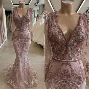 Luxe Beaded African Dubai Avondjurken Lange Mouwen Diepe V-hals Mermaid Prom Dress Vintage Sexy Formele Feestjurken