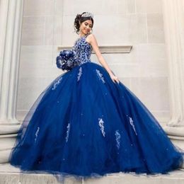 Crystals perlé luxueux Lace Blue Quinceanera Robes Crew Backless Tulle Ball Robes Prom Prom Party Robes Sweet 16 Robe 264C