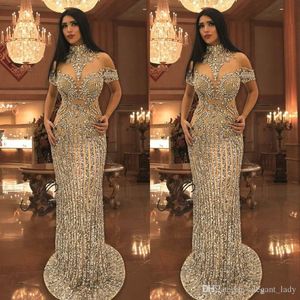 Luxueux cristaux perlés robes de bal col haut à manches courtes scintillant sirène arabe dubaï célébrité robes de soirée robes de soirée