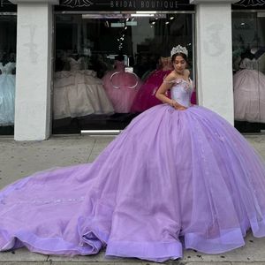 Luxueux perles perles appliques dentelle robe de bal Quinceanera robes hors épaule manches beauté violet bal soirée fête Pageant robes d'anniversaire robe