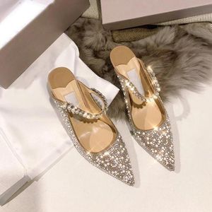 Lujosos Bing Pear Rhinstone Pisos Zapatos Sandalias Mujer Correa de cristal Zapatos Mujer Slingback Zapatillas Sandalia Sexy Fiesta Boda Dama de honor