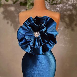 Robe formelle bleue luxueuse pour femmes, en velours, sans bretelles, sans manches, tenue de bal, de deuxième réception, 2022