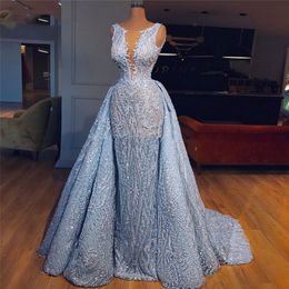 Lujosos vestidos de noche de encaje azul con tren desmontable robe de soiree 2019 árabe Beading Couture Party Prom vestidos por encargo