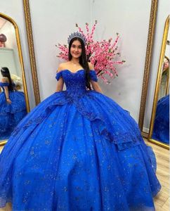 Luxueux bleu Quinceanera robes épaule fée jupe appliques paillettes perles scintillantes longue fête occasion robes doux 15 robes