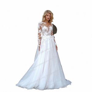 Luxueux BOHO Femmes Mariage Dres Formelle Une Ligne Sexy Appliques Tulle Chérie Lg Manches Robes De Mariée Backl Bohême l5BR #