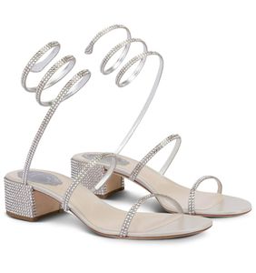 Marque de luxe Rene Caovilla Cleo Sandales Chaussures Femmes Glitter Soles Crystal-embellished Spiral Wraps Strap Robe de mariée à talons bas Gladiator Sandalias