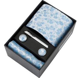 Luxurious Brand Tie Handkerchief Cufflink Tie Clip Set For Men Holiday Gift Box Blue Suit Accessories Slim Wedding Gravatas