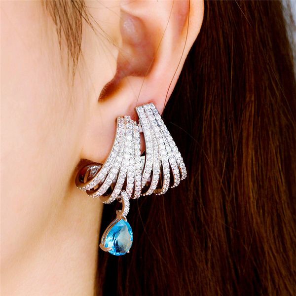 Créateur de boucles d'oreilles goutte d'eau bleu cercle multicouche de charme luxueux pour femme 925 Sterling Silver Post White AAA Cubic Zirconia Copper Bride Boucles d'oreilles de fiançailles