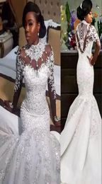 Robes de mariée de sirène de perles de cristal luxueuses robes de mariée en dentelle haute morse