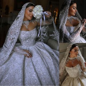 Robes de mariée luxueuses en cristal, robe de bal, col haut, perles, paillettes, dentelle, sur mesure