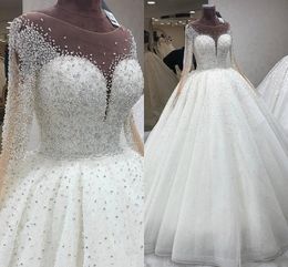 Luxe kristallen pailletten kralen baljurk trouwjurken met illusie lange mouwen pure nek bruidsjurken 2021 puffy vestidos al7217