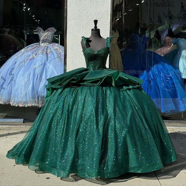 Lujoso vestido de fiesta de encaje brillante con perlas de color verde oscuro, vestidos de quinceañera, tirantes finos de novia, fiesta de graduación de belleza, fiesta de noche, desfile, vestidos de cumpleaños