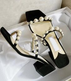 Design luxueux robe chaussure Amara femmes sandale perle sangle pantoufles talons épais mule bout carré dame été pompes fête mariage EU35-43.Box