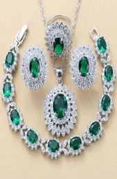 Ensembles de bijoux de mariée luxueux en argent 925 de Dubaï, boucles d'oreilles en Zircon cubique vert, collier, bracelet et bagues 2202107871814