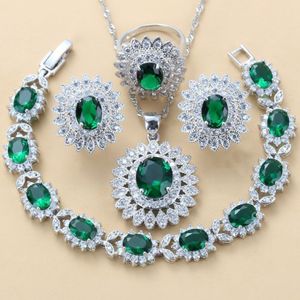 Ensembles de bijoux de mariée luxueux en argent 925 de Dubaï, boucles d'oreilles en tournesol, Zircon cubique vert, collier, Bracelet et bagues 220210238w