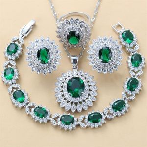 Lujosos conjuntos de joyas Brial de plata nupcial de Dubai 925, pendientes de girasol de circón cúbico verde, collar, pulsera y conjuntos de anillos 220210294Q