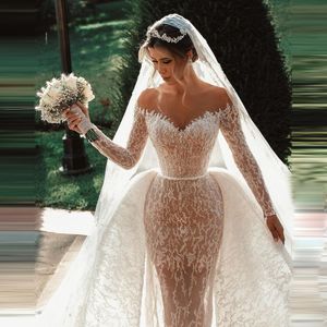 Robes de mariée sirène de luxe de Dubaï col transparent avec robe de mariée surjupe sur mesure manches longues robes élégantes De Mari￩e