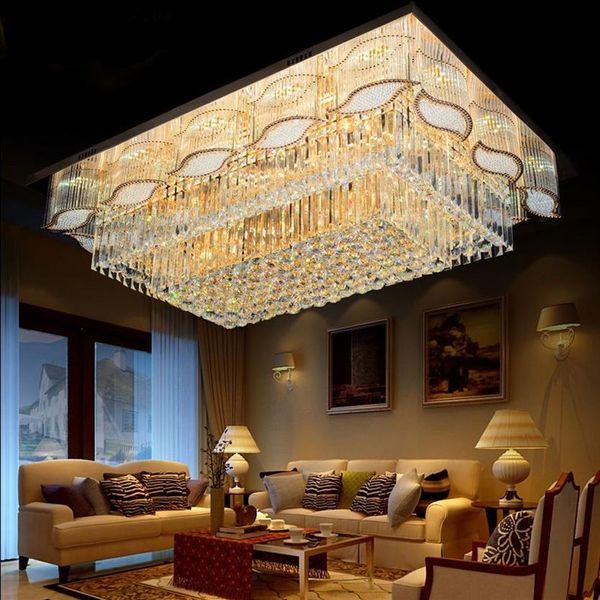 luxueux el salon Villa Rectangle 3 luminosité or K9 cristal plafonnier lustre bande LED ampoule télécommande contr203x