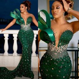 Luxe Emerald Green Aso Ebi Avondjurken Mermaid Lange mouwen Rehinestone kralen prom jurk Afrikaanse Arabische verjaardagsfeestjurken Tweede receptie jurk