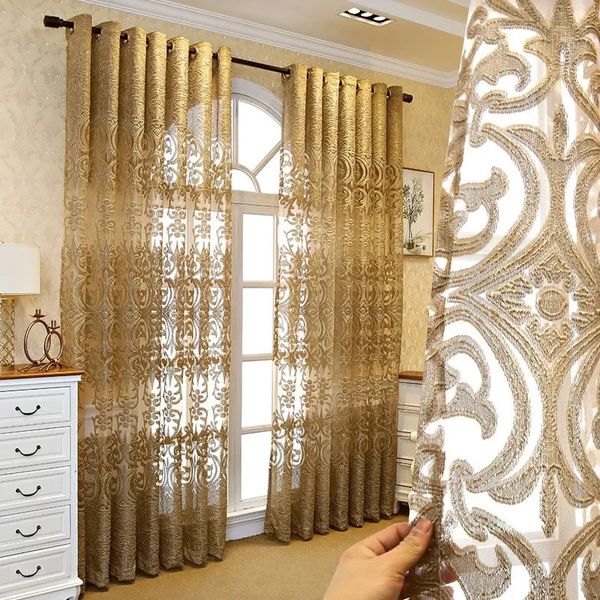 Luxueuse Europe Gold Broidery Curtain en tulle pour le salon Romantic Semiseer Jacquard Voile Door Window Rides ZH431H 240429