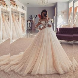 Luxueuse mode dentelle illusion corsage Boule de bal à manches longues robes de mariée paillettes à paillettes