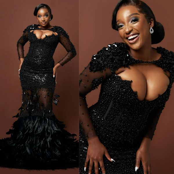 Luxueux Plume Aso Ebi Promdress Illusiion Sirène Robe De Bal Noire Robes De Soirée Avec Wrap Deuxième Réception Anniversaire Fiançailles Robes De Demoiselle D'honneur AM082