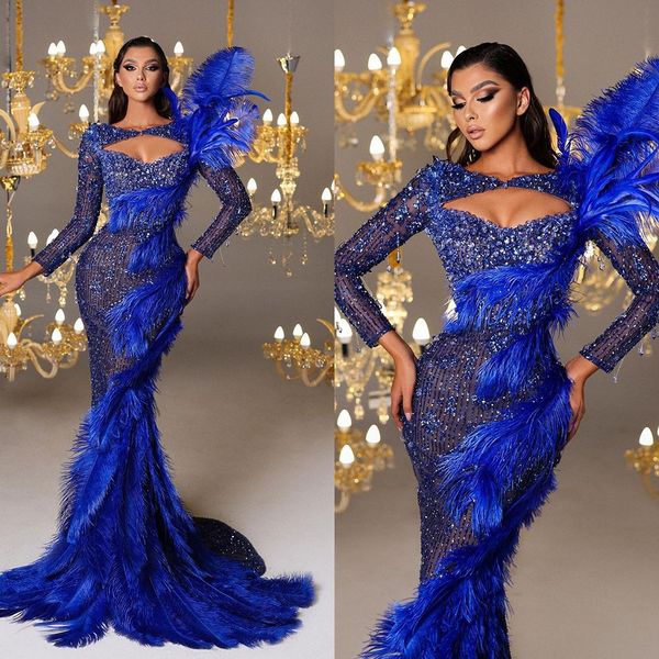 Lujosos vestidos de noche de plumas Abiye Beads árabes Royal Blue Prom Vestidos de cuerpo entero robe de soiree