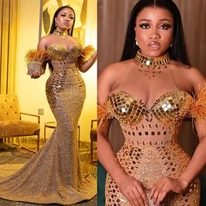 Gouden Afrikaans Nigeria prom -jurken Halter Mirror Lover Mermaid Evening Formele kleding Elegante verjaardagsfeestjesjurken voor speciale gelegenheden Gala -jurk AM201